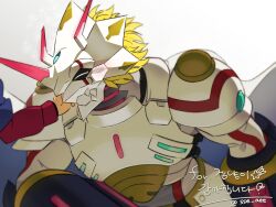  2boys amanokawa_hiro arm_out_of_frame armor blonde_hair blush cape digimon digimon_(creature) digimon_ghost_game fangs gcgamecat411 highres horns long_sleeves looking_at_another male_focus mask multiple_boys one_eye_closed signature simple_background siriusmon triceratops weapon white_armor 