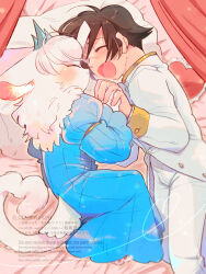  1boy 1girl animal_hands blue_dress body_fur brown_hair cat_girl closed_eyes coat cocri commentary_request commission dress facing_another furry furry_female furry_with_non-furry heart heart_tail hetero highres holding_hands interspecies koharu_(cocri) lying multicolored_hair on_bed on_side original pillow princess_koyuki_(cocri) short_hair skeb_commission streaked_hair suit tail tiara white_coat white_fur white_hair white_suit 