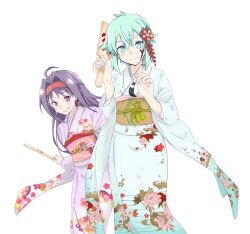  2girls ahoge aqua_eyes aqua_hair asagi501 blush brown_sash closed_mouth commentary_request cowboy_shot double-parted_bangs flat_chest floral_print floral_print_kimono flower grin hagoita hair_between_eyes hair_flower hair_intakes hair_ornament holding holding_brush japanese_clothes kimono light_smile long_hair long_sleeves looking_at_viewer medium_hair messy_hair multiple_girls paddle pink_kimono pink_sash print_kimono purple_hair red_eyes sash simple_background sinon smile split_mouth sword_art_online white_background white_kimono wide_sleeves yuuki_(sao) 