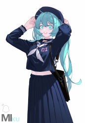  1girl absurdres aqua_eyes aqua_hair backlighting bag beret black_choker blue_hat blue_sailor_collar blue_serafuku blue_shirt blue_skirt breasts carelier11 character_name choker colored_eyelashes eyelashes feet_out_of_frame hair_between_eyes hands_on_headwear hands_up hat hatsune_miku highres light_blush light_smile long_hair long_skirt long_sleeves looking_at_viewer medium_breasts midriff_peek navel neckerchief open_mouth pleated_skirt round_teeth sailor_collar school_bag school_uniform serafuku shirt shirt_overhang shoulder_bag sidelocks simple_background skirt solo standing swept_bangs tareme teeth twintails upper_teeth_only very_long_hair vocaloid white_background white_neckerchief 