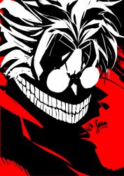  1boy absurdres artist_name dandadan english_commentary highres jacket joadv male_focus mask medium_hair mouth_mask parted_bangs portrait red_jacket round_eyewear solo spiky_hair takakura_ken_(dandadan) takakura_ken_(transformed)_(dandadan) teeth white_hair 