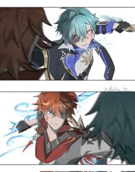  2boys ahoge black_gloves blue_eyes blue_shirt brown_gloves brown_shirt cape collared_shirt commentary crazy_smile fighting genshin_impact gloves green_hair hair_between_eyes highres knife lohen_(genshin_impact) long_sleeves multicolored_eyes multiple_boys parted_lips red_hair shirt short_hair smile straight-on sword tartaglia_(genshin_impact) untranslatable_commentary upper_body weapon 