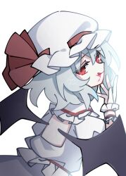  1girl :q back_cutout bat_wings blood blood_on_face blue_hair clothing_cutout commentary_request hat hat_ribbon highres illust_atelier3 looking_at_viewer looking_back mob_cap one-hour_drawing_challenge red_eyes remilia_scarlet ribbon shirt signature simple_background skirt skirt_set solo tongue tongue_out touhou upper_body white_background white_hat white_shirt white_skirt wings wrist_cuffs 