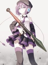  1girl absurdres bare_shoulders beret black_boots black_hat black_skirt black_sleeves boots cable closed_mouth collared_shirt commentary contrast_collar copyright_name cowboy_shot detached_sleeves floating_clothes hair_between_eyes hat hat_writing headset highres holding holding_rocket_launcher holding_weapon looking_afar miniskirt necktie purple_hair purple_necktie purple_trim robot_ears rocket_launcher shirai_sahuni shirt short_hair skirt sleeveless sleeveless_shirt solo thigh_boots untranslatable_commentary utane_uta utau violet_eyes weapon white_shirt 