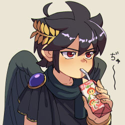  1boy ahoge angel angel_wings azcbcd black_hair clobbler_(kid_icarus) commentary_request dark_pit drink_carton drinking_straw grey_background highres holding holding_drink_carton holding_juice_box juice_box kid_icarus kid_icarus_uprising laurel_crown male_focus red_eyes solo wings 