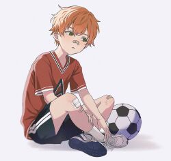  1boy aged_down ball bandaid bandaid_on_face bandaid_on_knee bandaid_on_leg bandaid_on_nose black_shorts blush child crossed_legs gauze_on_knee green_eyes grey_background hair_between_eyes highres looking_to_the_side male_focus on_floor orange_hair parted_lips project_sekai red_shirt shadow shinonome_akito shirt shoes short_hair short_sleeves shorts sideways_glance simple_background sitting sneakers soccer_ball soccer_uniform socks solo sportswear v-neck v_prsk white_shoes white_socks 