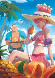  1boy 1girl aqua_eyes armlet beach bikini blue_eyes blue_sky blunt_bangs blush bracelet breasts brown_hair clouds cup day dress drink drinking_straw earrings english_text food fruit glass glasses grapes hair_bun hat hawaiian_shirt highres holding holding_food holding_tray honey_(ring_fit_adventure) hubby_(ring_fit_adventure) jewelry juice leg_ribbon leg_up lemon male_swimwear melon midriff navel ocean open_clothes open_shirt orange_(fruit) orange_slice outdoors palm_tree pineapple pink_bikini pink_hair pink_skirt ribbon ring ring_fit_adventure shirt short_hair single_hair_bun sitting skirt sky sleeveless smile smoothie stup-jam sun_hat sunglasses swimsuit tinted_eyewear tray tree 