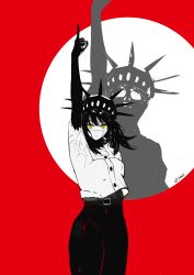  1girl absurdres artist_name belt belt_buckle black_belt black_hair black_pants buckle buttons chainsaw_man english_commentary hair_between_eyes headgear highres joadv long_hair looking_at_viewer pants pointing pointing_up ringed_eyes scar scar_on_face shadow shirt solo spotlight statue_of_liberty white_shirt yellow_eyes yoru_(chainsaw_man) 