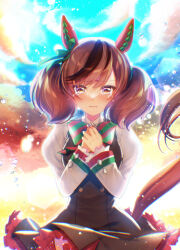  1girl animal_ears black_dress blush bow bowtie brown_eyes brown_hair closed_mouth clouds commentary_request diagonal-striped_bow dress ear_bow ear_covers ear_ribbon green_bow green_bowtie highres horse_ears horse_girl horse_tail juliet_sleeves long_sleeves looking_at_viewer medium_hair multicolored_hair nice_nature_(poinsettia_ribbon)_(umamusume) nice_nature_(umamusume) pinafore_dress puffy_sleeves shirt sky sleeveless sleeveless_dress solo streaked_hair striped_bow striped_bowtie striped_clothes tail tsurugi_hikaru twintails umamusume 