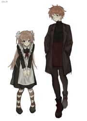 2girls absurdres apron black_boots black_coat black_dress black_pantyhose black_shirt blonde_hair boots coat commentary_request dress flesh_blood_&amp;_concrete full_body guzi15613491 hands_in_pockets hands_on_own_legs highres lapels lera_(flesh_blood_&amp;_concrete) long_hair maid_apron multiple_girls neckerchief nika_(flesh_blood_&amp;_concrete) pantyhose pencil_skirt pigeon-toed pimple red_neckerchief red_skirt school_uniform shirt short_hair simple_background skirt soviet_school_uniform standing turtleneck turtleneck_shirt two_side_up very_short_hair white_apron white_background 