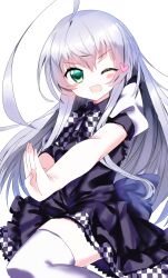  1girl :d ;d ahoge apron back_bow black_apron black_bow blush_stickers bow bowtie checkered_bow checkered_bowtie checkered_clothes checkered_skirt commentary cowboy_shot frilled_apron frilled_skirt frills green_eyes grey_hair hair_between_eyes haiyore!_nyaruko-san heart highres hiyoko_(96823534) huge_ahoge long_hair looking_at_viewer miniskirt nyarlathotep_(nyaruko-san) one_eye_closed open_hand open_mouth outstretched_arm puffy_short_sleeves puffy_sleeves short_sleeves sidelocks simple_background skirt smile solo thigh-highs thighs v-shaped_eyebrows very_long_hair white_background white_thighhighs zettai_ryouiki 