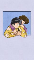  1boy 1girl black_eyes black_hair blue_background braid brown_hair chinese_clothes closed_mouth commentary_request food highres kamaboko looking_at_viewer luuxiriver narutomaki pajamas ranma_1/2 saotome_ranma saotome_ranma_(male) short_hair single_braid smile tendou_akane yellow_pajamas 