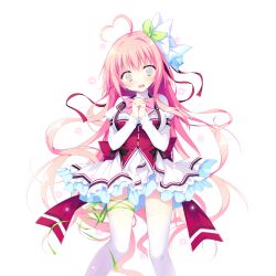  1girl @_@ ahoge back_bow black_bow blush bow bowtie breasts buttons dress feet_out_of_frame game_asset green_ribbon hair_ribbon haru_haru_(koikoko) heart heart_ahoge highres juliet_sleeves koi_suru_kokoro_to_mahou_no_kotoba large_breasts large_variant_set leg_ribbon long_hair long_sleeves looking_at_viewer non-web_source open_mouth own_hands_clasped own_hands_together pink_bow pink_bowtie pink_hair puffy_sleeves red_bow red_vest ribbon self-datamine shiromochi_sakura shirt short_dress simple_background single_hair_intake solo standing star_(symbol) sweatdrop thigh-highs transparent_background variant_set vest white_shirt white_thighhighs zettai_ryouiki 