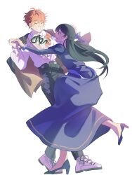  1won1_2d 2boys akehoshi_subaru black_hair blue_dress braid brooch closed_eyes commentary crossdressing crossdressing_(mtf) dress ensemble_stars! flower_brooch full_body green_ribbon hair_between_eyes half_up_braid hidaka_hokuto high_heels highres holding_hands jewelry juliet_sleeves long_hair long_sleeves looking_at_another male_focus multiple_boys open_mouth orange_hair puffy_sleeves ribbon shirt_tucked_in shoes short_hair simple_background smile untranslatable_commentary white_background white_shoes 