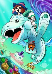  1boy 2boys 2girls 4bk63ppm0p54593 :d aircraft airship beanie black_eyes black_hair blue-framed_eyewear blue_eyes blue_sky blush_stickers boat brown_eyes brown_hair cat cat_(miitopia) cleric_(miitopia) closed_eyes clouds dark-skinned_male dark_skin dinosaur dominic_(miitopia) dragon dress fangs flying glasses hat helmet highres horizon island mage_(miitopia) mii_(nintendo) miitopia multiple_boys multiple_girls ocean open_mouth outdoors riding short_hair sky smile teeth tongue tree warrior_(miitopia) water watercraft 