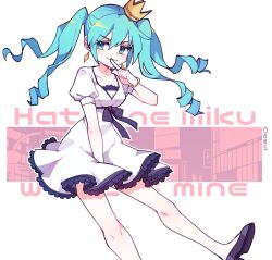  1girl :3 aqua_eyes aqua_hair artist_name black_ribbon black_shoes blush cio_(ciosui) closed_mouth commentary crown dress earrings english_commentary finger_to_mouth hair_between_eyes hatsune_miku highres jewelry long_hair outline puffy_short_sleeves puffy_sleeves quad_tails ribbon shoes short_sleeves smile smug solo vocaloid white_dress white_outline world_is_mine_(vocaloid) 