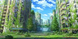  abandoned blue_sky bridge broken_glass bush city clouds crosswalk day flower game_asset glass highres no_humans outdoors overgrown plant red_flower scenery sky spider_lily third-party_source touhou touhou_lostword traffic_light tree vines 