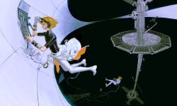  1girl 2boys 6+others absurdres adjusting_goggles blonde_hair bodysuit bodysuit_under_clothes closed_mouth commentary gloves goggles goggles_on_head headset highres holding holding_tablet_pc jumpsuit jumpsuit_around_waist kaido_jun multiple_boys multiple_others original profile satellite scenery science_fiction single_glove smartwatch solar_panel space spacecraft tablet_pc tether watch watch 