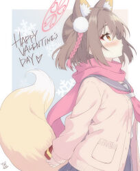  1girl adapted_costume animal_ear_fluff animal_ears arms_behind_back black_sailor_collar black_skirt blue_archive blush border brown_hair cardigan closed_mouth commentary cowboy_shot extra_ears eyelashes eyeshadow fake_tail fox_ears fox_girl fox_tail from_side gift grey_background hair_between_eyes hair_intakes hair_ornament happy_valentine heart highres holding holding_gift izuna_(blue_archive) looking_up makeup medium_hair neckerchief one_side_up open_cardigan open_clothes outside_border pink_eyeshadow pink_neckerchief pink_scarf pleated_skirt pom_pom_(clothes) pom_pom_hair_ornament profile s_sequentia sailor_collar scarf school_uniform serafuku shirt sidelocks signature simple_background skirt sleeves_past_wrists snowflakes solo sweatdrop tail white_border white_shirt winter_clothes yellow_cardigan yellow_eyes 