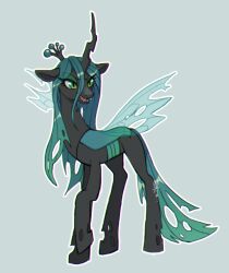  :d animal animal_focus aqua_wings black_skin choco_hosikawa chromatic_aberration colored_skin commentary_request crown double-parted_bangs eyeshadow fangs green_eyes green_eyeshadow green_hair green_tail grey_background hair_between_eyes long_hair long_hair_between_eyes looking_to_the_side makeup mini_crown my_little_pony my_little_pony:_friendship_is_magic no_humans open_mouth outline queen_chrysalis shirt slit_pupils smile solo straight_hair torn_skin torn_wings translation_request transparent_wings v-shaped_eyebrows very_long_hair white_outline winged_unicorn wings 