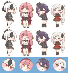  0_0 4girls :p aru_(blue_archive) black_hair black_hoodie black_horns black_skirt blue_archive blush blush_stickers breasts choker closed_eyes coat coat_on_shoulders commentary_request demon_horns frown hair_between_eyes hair_ornament hair_scrunchie hands_in_pockets haruka_(blue_archive) highres hood hoodie horns intentionally_missing_halo kayoko_(blue_archive) large_breasts long_hair long_sleeves looking_at_viewer missing_halo multicolored_hair multiple_girls mutsuki_(blue_archive) pink_hair pleated_skirt pon_(0737) problem_solver_68_(blue_archive) purple_hair red_eyes scrunchie side_ponytail simple_background skirt smile tears tongue tongue_out trickcal two-tone_hair very_long_hair violet_eyes wavy_mouth white_background white_hair yellow_eyes 