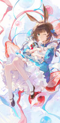  1girl absurdres amiya_(arknights) animal_ear_fluff animal_ears arknights black_shoes blue_bow blue_dress bow brown_hair chinese_commentary commentary dress hair_bow highres holding holding_pillow long_hair looking_at_viewer one_eye_closed one_side_up open_mouth petticoat pillow rabbit_ears rabbit_girl shin_oooooo shoes socks solo white_socks 