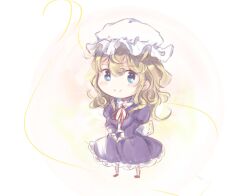  1girl back_bow blonde_hair blue_eyes blush bow chibi closed_mouth collared_dress commentary contrast_collar dress frilled_dress frills hat highres long_hair maribel_hearn mob_cap neck_ribbon own_hands_together purple_dress red_ribbon red_shoes ribbon sash shoes sidelocks smile solo standing touhou uwazumi white_background white_hat white_sash 