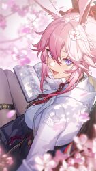 1girl absurdres animal_ears black_pantyhose blue_skirt breasts chinese_commentary color_connection commentary_request evanescia_(honkai:_star_rail) fox_ears fox_girl hair_color_connection highres honkai:_star_rail honkai_(series) honkai_impact_3rd kallen_kaslana large_breasts looking_at_viewer madyy manga_(object) open_mouth pantyhose pink_hair sakura_ayane shirt short_hair_with_long_locks skirt smile solo trait_connection violet_eyes voice_actor_connection white_shirt yae_sakura yae_sakura_(gyakushinn_miko) 