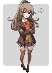  1girl absurdres bow bowtie brown_cardigan brown_hair brown_skirt brown_thighhighs cardigan collared_shirt commentary_request crossed_arms frilled_skirt frills full_body green_eyes grey_background headgear highres kantai_collection kumano_(kancolle) kumano_kai_ni_(kancolle) motti_(motthi0711) orange_bow orange_bowtie pleated_skirt ponytail puff_of_air shirt simple_background skirt solo thigh-highs two-tone_background 