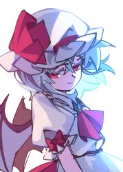  1girl ascot backlighting bat_wings blue_hair bow brooch closed_mouth commentary_request hat hat_ribbon highres illust_atelier3 jewelry medium_hair mob_cap one-hour_drawing_challenge red_ascot red_bow red_eyes remilia_scarlet ribbon shirt simple_background skirt skirt_set sleeve_bow smile solo touhou white_background white_hat white_shirt white_skirt wings 