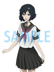  1boy anime_coloring bare_legs black_hair black_sailor_collar crossdressing hair_ornament lowres medium_hair miniskirt neck_ribbon neckerchief official_art open_mouth pleated_skirt promotional_art red_neckerchief ribbon sailor_collar sample_watermark school_uniform science_adventure serafuku short_sleeves skirt skull_hair_ornament smile solo steins;gate urushibara_luka watermark 