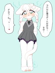 1girl animal_feet arms_behind_back black_one-piece_swimsuit blue_background blue_eyes blush body_fur braid cat_girl cocri commentary_request dress_swimsuit furry furry_female head_tilt highres looking_at_viewer one-piece_swimsuit original princess_koyuki_(cocri) simple_background solo standing swimsuit tail tail_around_own_leg tail_wrap translation_request twin_braids white_fur white_hair 