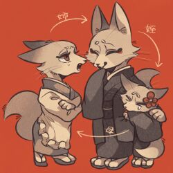  3girls apron black_coat black_kimono body_fur brown_fur child coat commentary_request deformed fox_girl full_body furry furry_female haori highres japanese_clothes kappougi kimono multiple_girls original oto_animal red_background red_eyes simple_background standing tail translation_request whiskers 