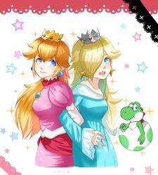 2girls :d absurdres artist_name back-to-back blonde_hair blue_dress blue_eyes breasts broken_egg brooch closed_mouth commentary_request crown dinosaur dress earrings egg elbow_gloves gloves hair_over_one_eye highres jewelry locked_arms long_hair long_sleeves looking_at_viewer medium_breasts multiple_girls off-shoulder_dress off_shoulder open_mouth pink_dress princess_peach puffy_short_sleeves puffy_sleeves rosalina short_sleeves siblings sisters smile sphere_earrings star_(symbol) star_brooch star_earrings super_mario_bros. teeth the_super_mario_galaxy_movie upper_teeth_only white_gloves yachiyo_(yoruironone26) yoshi 