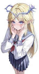  1girl alternate_costume blonde_hair blue_eyes blue_sailor_collar blue_skirt blush cartethyia_(wuthering_waves) closed_mouth commentary earrings embarrassed hair_intakes hands_on_own_face hands_up highres jewelry lnji_(rnlwls34) long_hair long_sleeves looking_at_viewer multiple_earrings neckerchief parted_bangs pleated_skirt pointy_ears red_neckerchief sailor_collar school_uniform serafuku shirt sidelocks simple_background skirt solo tacet_mark_(wuthering_waves) white_background white_shirt wuthering_waves 