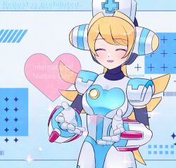  1girl android blonde_hair blue_background cinnamon_(mega_man) commentary cowboy_shot dress english_commentary exposed_internal_machinery green_eyes hat heart highres long_hair mega_man_(series) mega_man_x:_command_mission mega_man_x_(series) nurse nurse_cap rikka_(user_hruv2435) robot_girl solo white_dress 