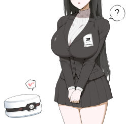  1girl ? absurdres alternate_breast_size_(larger) black_hair blazer blue_eyes blush breasts drone eyes_out_of_frame head_out_of_frame heart highres jacket large_breasts long_hair millennium_science_school_logo own_hands_together parted_lips pleated_skirt redcity_top21 ribbed_sweater rio_(blue_archive) simple_background skirt solo spoken_heart spoken_question_mark sweater turtleneck turtleneck_sweater very_long_hair white_background 