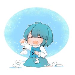  1girl blue_hair blue_skirt blue_vest closed_eyes commentary frilled_shirt_collar frilled_sleeves frills highres juliet_sleeves kneeling kurotaro long_sleeves one-hour_drawing_challenge puffy_sleeves shirt skirt smile tatara_kogasa teruterubouzu touhou vest white_shirt 