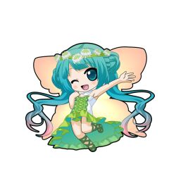  1girl :d ;d aqua_eyes aqua_hair arm_up black_outline blush chibi chibi_only choker collar cross-laced_sandals double_bun dress fairy fairy_wings flower_choker full_body game_asset gradient_clothes gradient_dress green_dress green_sandals hair_bun hand_up hatsune_miku hatsune_miku_graphy_collection high-low_dress looking_at_viewer one_eye_closed open_mouth orange_wings outline pink_hair sandals smile solo standing standing_on_one_leg strapless strapless_dress transparent_background twitter_username vocaloid white_collar white_dress wings 