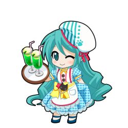  1girl ankle_strap apron aqua_hair beret black_outline blue_shoes blush bow chibi chibi_only closed_mouth dress drink drinking_straw food full_body game_asset hair_between_eyes hat hatsune_miku hatsune_miku_graphy_collection holding holding_own_dress holding_tray ice_cream ice_cream_float long_hair looking_at_viewer melon_soda neck_ribbon one_eye_closed outline plaid_clothes plaid_dress puffy_short_sleeves puffy_sleeves ribbon shoes short_sleeves sidelocks smile soda solo standing striped_hat transparent_background tray very_long_hair vocaloid waitress white_apron white_hat yellow_bow yellow_ribbon 