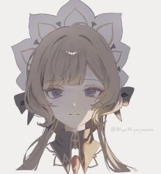  1girl black_bow black_collar blue_eyes bonnet bow brown_hair closed_mouth collar commentary_request detached_collar genshin_impact grey_background hair_bow hair_ornament looking_at_viewer miyamiyayaaaa portrait sandrone_(genshin_impact) short_hair_with_long_locks simple_background smile solo twitter_username white_headdress 