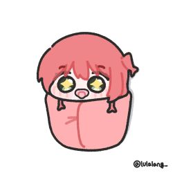  1girl aged_down baby blush bocchi_the_rock! chibi chibi_only green_eyes highres kita_ikuyo looking_at_viewer lulalang pacifier red_hair solo sparkling_eyes swaddled twitter_username white_background 