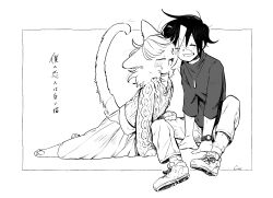  1boy 1girl absurdres animal_feet animal_hands blush body_fur cat_girl closed_eyes cocri commentary_request furry furry_female furry_with_non-furry greyscale grin hetero highres interspecies monochrome original scar scar_on_face short_hair sitting skirt smile sweater tail translation_request 