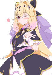  1girl :o ;o absurdres aikawa_ryou antenna_hair black_capelet black_dress blonde_hair blowing_kiss brooch capelet commentary_request cowboy_shot cure_arcana_shadow diamond_hairband dress earrings frilled_capelet frilled_cuffs frills gradient_hair hair_intakes heart heart_brooch highres jewelry long_hair looking_at_viewer magical_girl meitantei_precure! moria_luluka multicolored_hair one_eye_closed pink_eyes pink_hair precure puckered_lips purple_veil purple_wrist_cuffs solo veil very_long_hair wrist_cuffs 