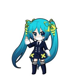  1girl black_outline blue_boots blue_coat blue_eyes blue_hair blue_necktie blue_skirt blue_vest blush boots caution_tape chibi chibi_only coat covered_mouth full_body game_asset garter_straps gradient_hair hair_ornament hair_ribbon hand_up hatsune_miku hatsune_miku_graphy_collection himitsu_keisatsu_(vocaloid) knee_boots long_hair long_sleeves looking_at_viewer mask mouth_mask multicolored_hair necktie outline ribbon shirt sidelocks skirt solo standing striped_clothes striped_thighhighs surgical_mask thigh-highs transparent_background twintails very_long_hair vest vocaloid white_mask white_shirt x_hair_ornament yellow_ribbon 