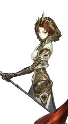  1girl absurdres andoff android brown_hair closed_mouth commentary cowboy_shot english_commentary from_side green_eyes green_veil highres joints looking_at_viewer lucy_(reverse:1999) lucy_(the_queen's_game)_(reverse:1999) reverse:1999 robot_ears robot_girl robot_joints short_hair simple_background solo veil white_background 