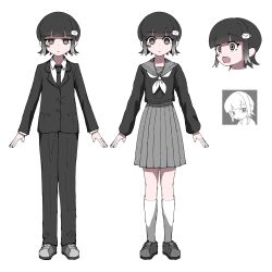  1girl artist_self-insert atena_fumei barcode black_eyes black_hair black_jacket black_necktie black_pants black_serafuku black_shoes closed_mouth collared_shirt commentary english_commentary facial_mark grey_eyes grey_sailor_collar grey_shoes grey_skirt hair_ornament highres jacket letter_hair_ornament neckerchief necktie original pants pleated_skirt reference_sheet sailor_collar school_uniform serafuku shirt shoes short_hair simple_background skirt socks white_background white_hair white_neckerchief white_shirt white_socks wide-eyed 