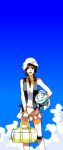  bag black_hair carrying cloud duffel_bag hikari_(pokemon) hold holding long_hair manaphy pokemon skirt sky standing 
