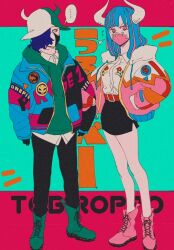  1boy 1girl aqua_boots black_pants black_skirt blue_hair blunt_bangs boots brother_and_sister collared_shirt commentary_request full_body hair_over_one_eye horns jacket locked_arms long_hair mask mouth_mask multicolored_hair one_piece page_one_(one_piece) pants pemu_op pink_boots pink_eyes pink_streaks shirt siblings skirt streaked_hair ulti_(one_piece) white_horns 