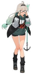  1girl absurdres ahoge anchor bare_legs black_hairband black_shorts black_socks butterfly_hair_ornament commentary commission english_commentary glasses gradient_hair green_hair hair_ornament hairband highres hood hoodie jacket kuso_otoko long_hair looking_at_viewer multicolored_hair open_mouth original shoes shorts simple_background smile sneakers socks solo white_background white_hair 